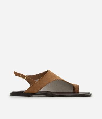 Sandália Rasteira em Couro e Dedeira com Efeito Camurça