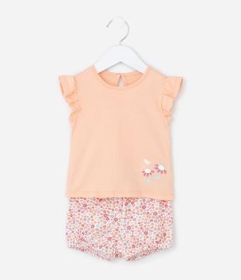 Conjunto Infantil em Cotton com Estampa Floral - Tam 0 a 18 Meses