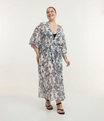 Saida de Praia Alongada em Chiffon com Estampa Étnica Curve & Plus Size