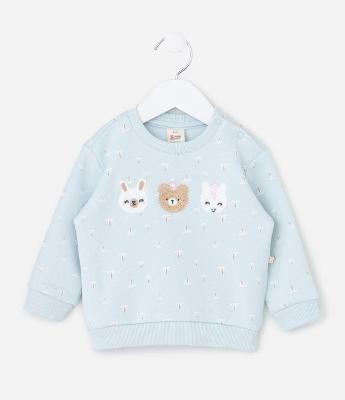 Casaco Fechado Infantil em Moletom com Bordado de Bichinhos  - Tam 0 a 18 Meses