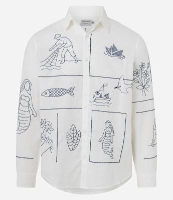 Camisa Comfort em Linho com Patchwork Fundo do Mar Bordado