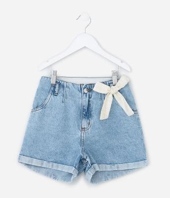 Short Infantil Jeans com Lenço Xadrez Vichy - Tam 7 a 16 Anos