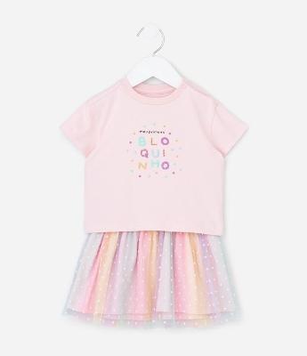 Conjunto Infantil Camiseta com Estampa e Saia de Tule - Tam RN a 18 Meses