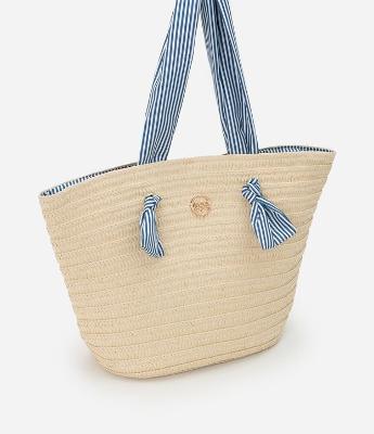 Bolsa de Palha com Alça e Forro de Tecido Listrado