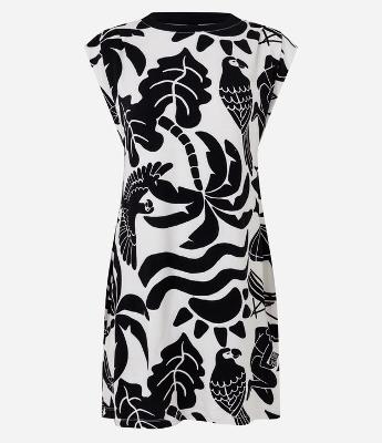 Vestido Curto em Crepe Bicolor com Estampa Tropical