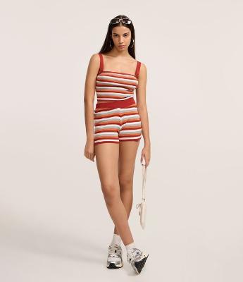 Short Regular em Tricô com Estampa de Listras