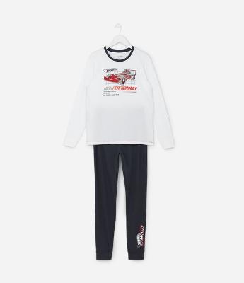 Pijama Longo Infantil em Algodão com Estampa Hotwheels - Tam 7 a 14 Anos