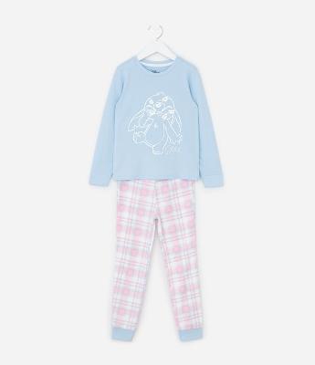 Pijama Infantil Longo Estampa Xadrez e Stitch - Tam 5 a 14 Anos