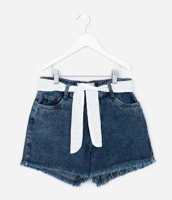 Short Jeans Infantil com Cinto de Broderie - Tam 5 a 10 Anos