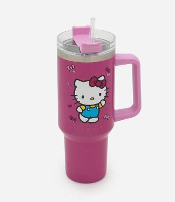 Copo Térmico com Alça e Canudo Reutilizável Estampa Hello Kitty 1,2L