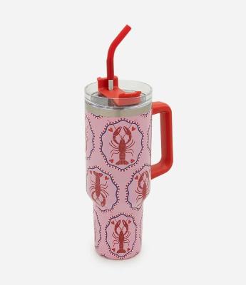 Copo Térmico Metálico com Canudo e Estampa de Lagosta 1,3L