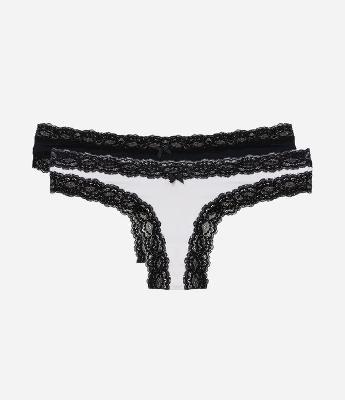 Kit 02 Calcinhas Biquíni Fio em Microfibra com Renda nas Cavas