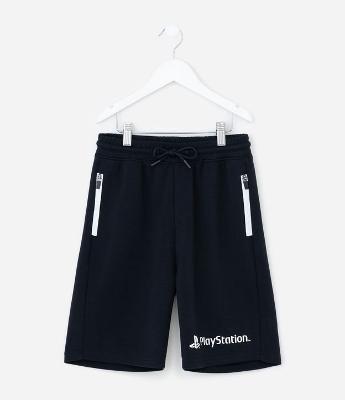 Bermuda Infantil Moletom Playstation com Zíper Refletivo - Tam 5 a 14 Anos