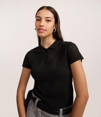 Blusa com Gola Polo em Tricô Ponto Aberto