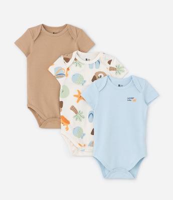 Kit 03 Bodies Infantis com Estampa Fundo do Mar - Tam RN a 18 meses