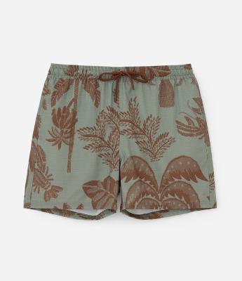 Bermuda de Praia em Microfibra com Estampa de Coqueiros e Lagosta