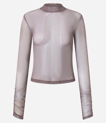 Blusa em Tule com Gola Alta e Franzidos