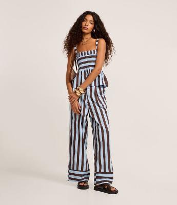 Calça Cintura Alta em Tricoline com Listras Verticais