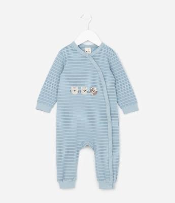 Macacão Infantil em Suedine com Estampa de Gatos e Listrado - Tam 0 a 18 meses