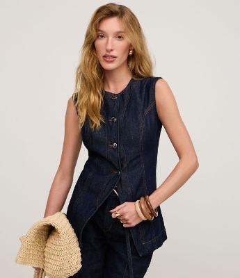 Colete Acinturado em Jeans com Costura Aparente