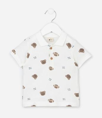 Camiseta Polo Infantil em Piquet com Estampa de Urso - Tam 0 a 18 Meses
