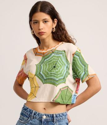 Blusa Cropped em Ribana com Estampa De Praia