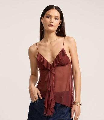 Blusa em Tule com Babado no Decote e Alças Finas