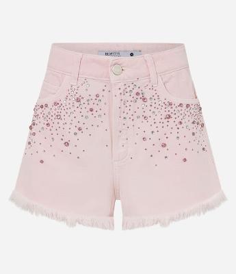 Short Cintura Alta em Jeans com Brilhos e Barra Desfeita