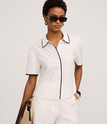 Camisa em Viscolinho com Vista Oculta e Viés Contrastante