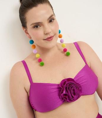 Biquíni Top Brilhoso em Microfibra com Flor Frontal Curve & Plus Size