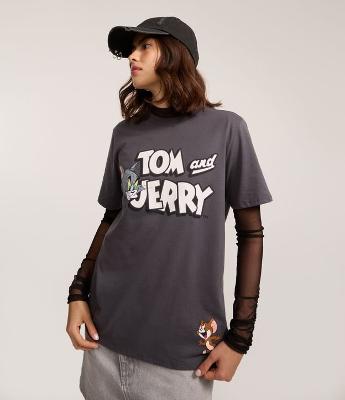 Camiseta Manga Curta em Algodão com Estampa Tom e Jerry