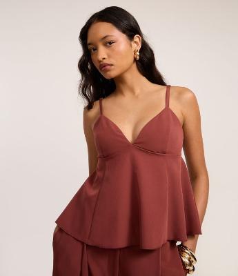 Blusa Sem Manga em Alfaiataria com Decote V e Detalhe Peplum