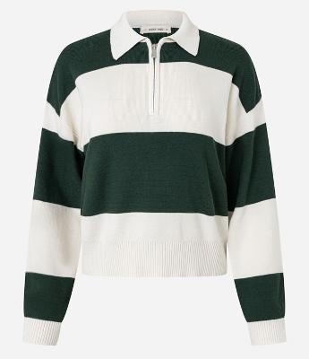 Suéter em Tricô com Gola Polo e Estampa Listrada