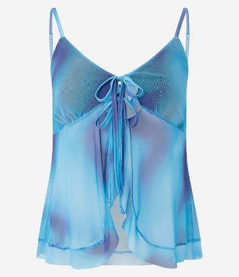 Blusa em Tule com Estampa Abstrata e Amarração Frontal