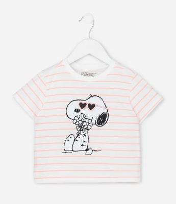 Camiseta Infantil Comfort com Estampa de Listras Snoopy - Tam 1 a 6 Anos
