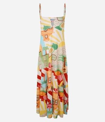 Vestido Longo em Algodão com Estampa Ícones e Alças Trançadas