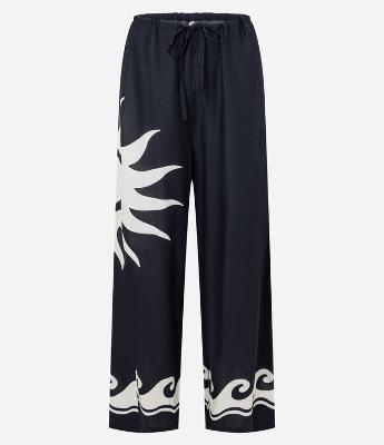 Calça de Praia em Viscose com Estampa de Sol e Ondas