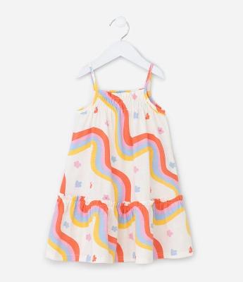 Vestido Infantil em Algodão com Estampa de Arco Íris - Tam 1 a 6 Anos