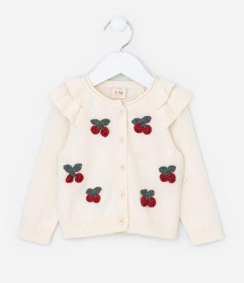 Cardigan Infantil em Algodão com Cereja Bordado - TAM 0 A 18 meses