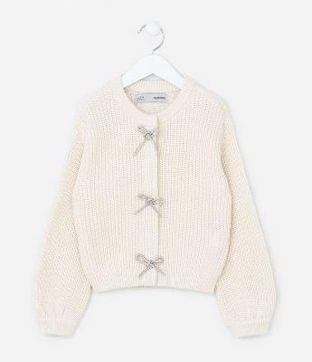 Cardigan Infantil em Tricô com Laços Brilhantes Frontais – Tam 5 a 14 Anos