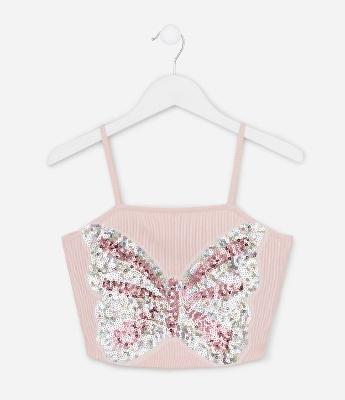 Blusa Top Cropped Infantil com Borboleta em Paetê – Tam 5 a 14 Anos