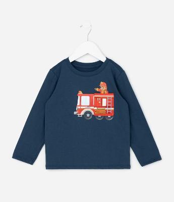 Camiseta Manga Longa Infantil em Algodão com Bolsinho de Bombeiro - Tam 1 a 6 Anos