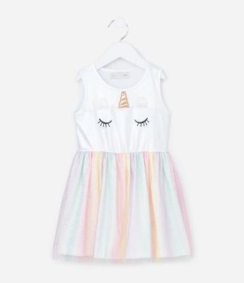 Vestido Infantil Sem Manga com Tule e Unicórnio – Tam 1 a 5/6 Anos