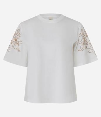 Blusa Slim em Algodão com Bordado Folhagem nas Mangas