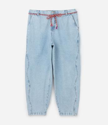 Calça Mom em Jeans com Elástico Traseiro e Cordão Colorido Curve & Plus Size