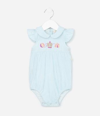Body Infantil com Estampa de Listras e Bordado de Urso - Tam 0 a 18 Meses