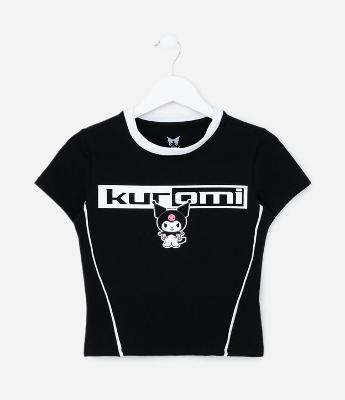 Camiseta Manga Curta em Algodão com Frisos Frontais Kuromi