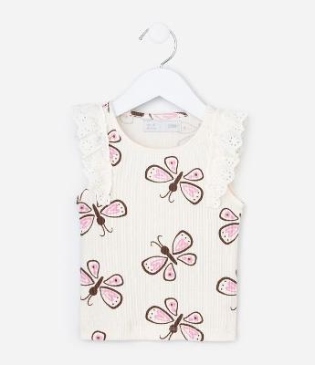 Regata Infantil em Ribana com Borboletas e Manguinha Broderie – Tam 1 a 5/6 Anos