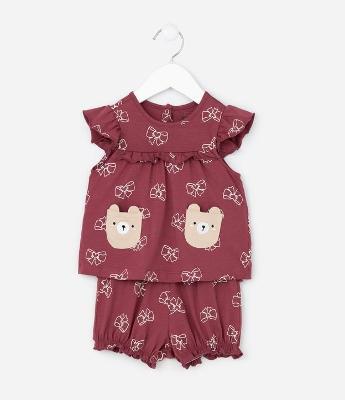 Conjunto Infantil Bata com Bolsinhos e Estampa De Laços – Tam RN A 18 Meses