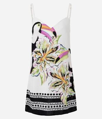 Vestido Curto em Viscolinho com Alcinhas e Estampa de Tucano